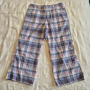 L. L. Bean girls size 14 plaid cropped pants purple & pink convertible leg NWOT